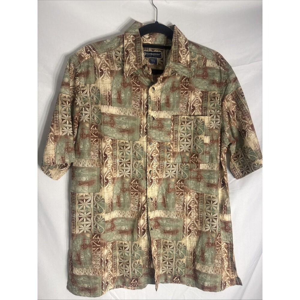 Weekender Hawaiian Shirt Button Down Mens Medium Brown Sz M